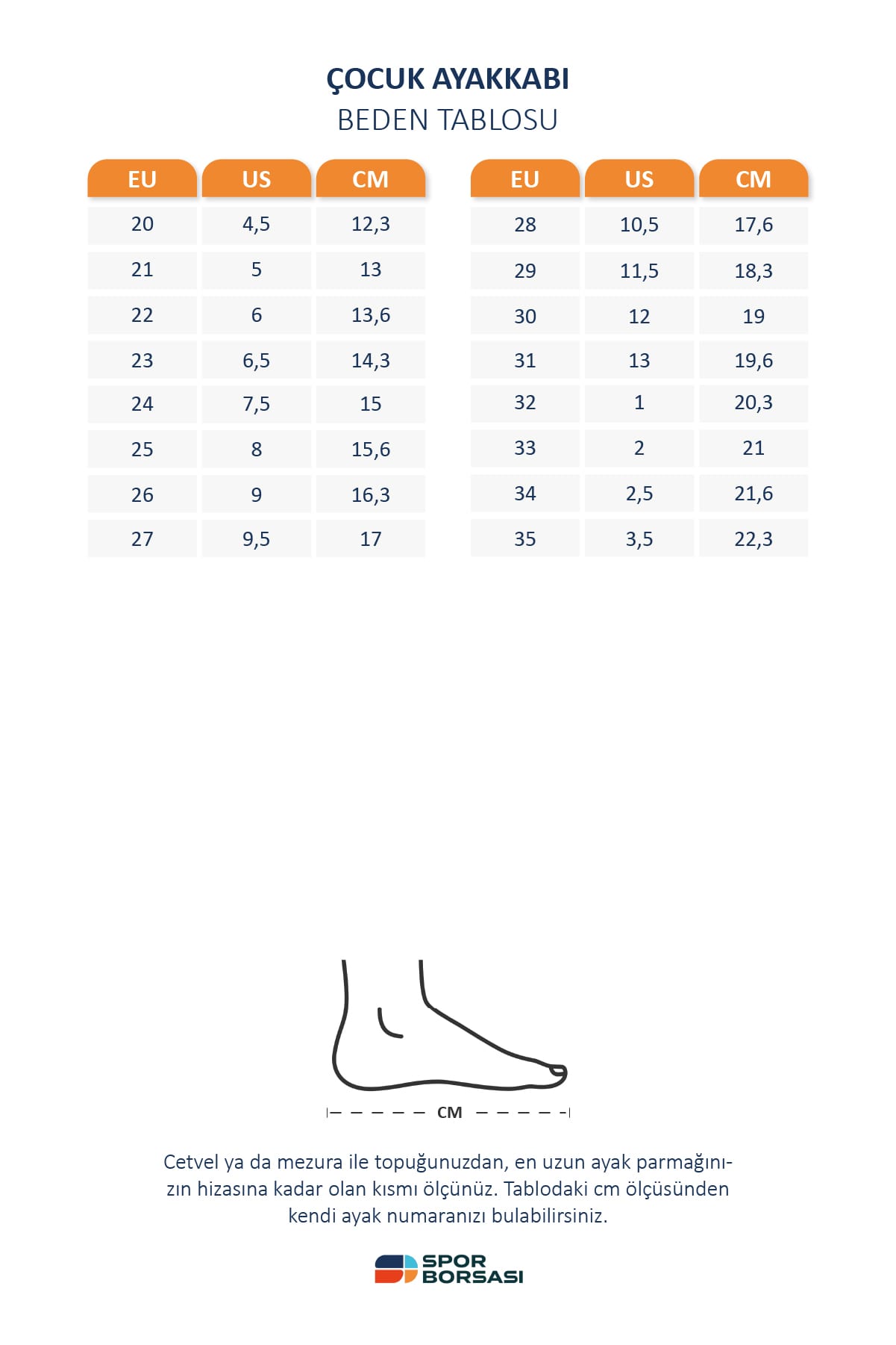 Reebok çocuk ayakkabı beden tablosu
